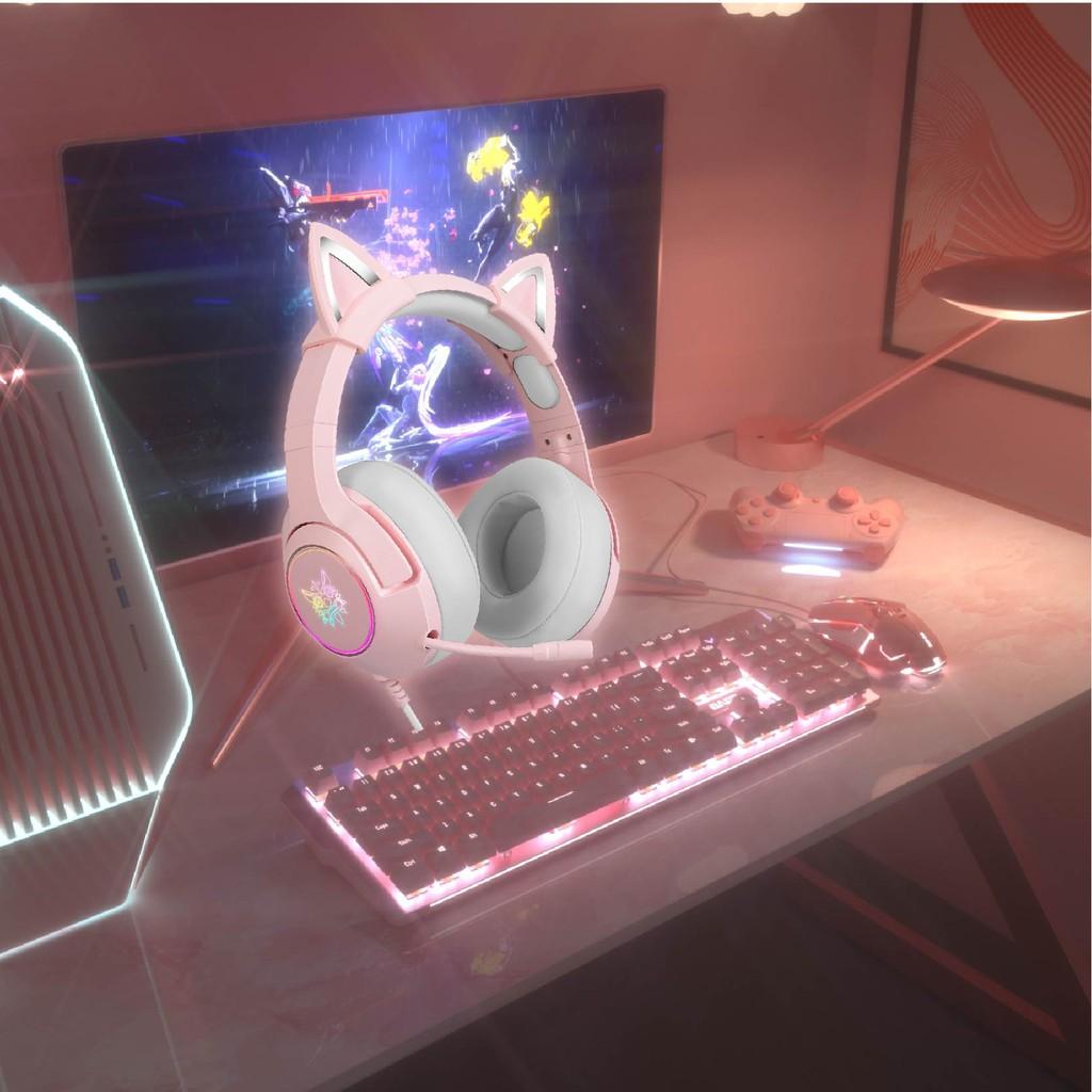 Hot Sale ONIKUMA K9 màu hồng Tai nghe chuột bàn phím Bộ đồ tai nghe mèo RGB Mic chống ồn tai nghe chụp tai chơi game