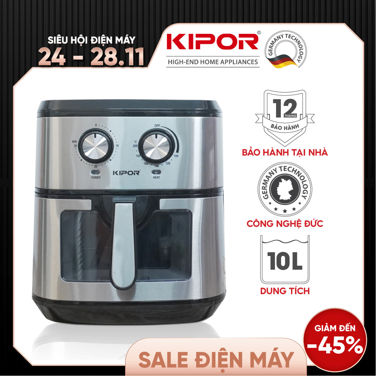 Nồi chiên không dầu KIPOR KP-AF631 - 10L - Điều khiển cơ công nghệ RAPID AIR nướng đối lưu - Phủ chống dính cao cấp - Hàng chính hãng