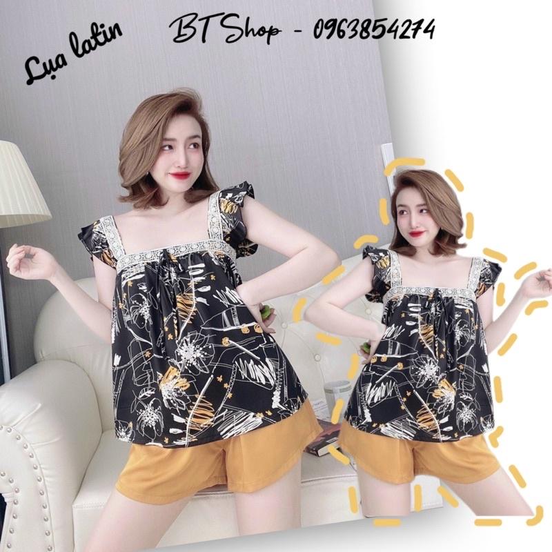 Đồ ngủ mặc nhà lụa latin cổ vuông phối ren quần đùi hoạ tiết freesize 42-57kg