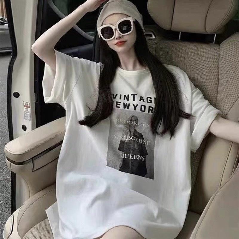 Áo Phông Nữ Tay Lỡ Họa Tiết Cô Gái VINTAGE Màu Trắng