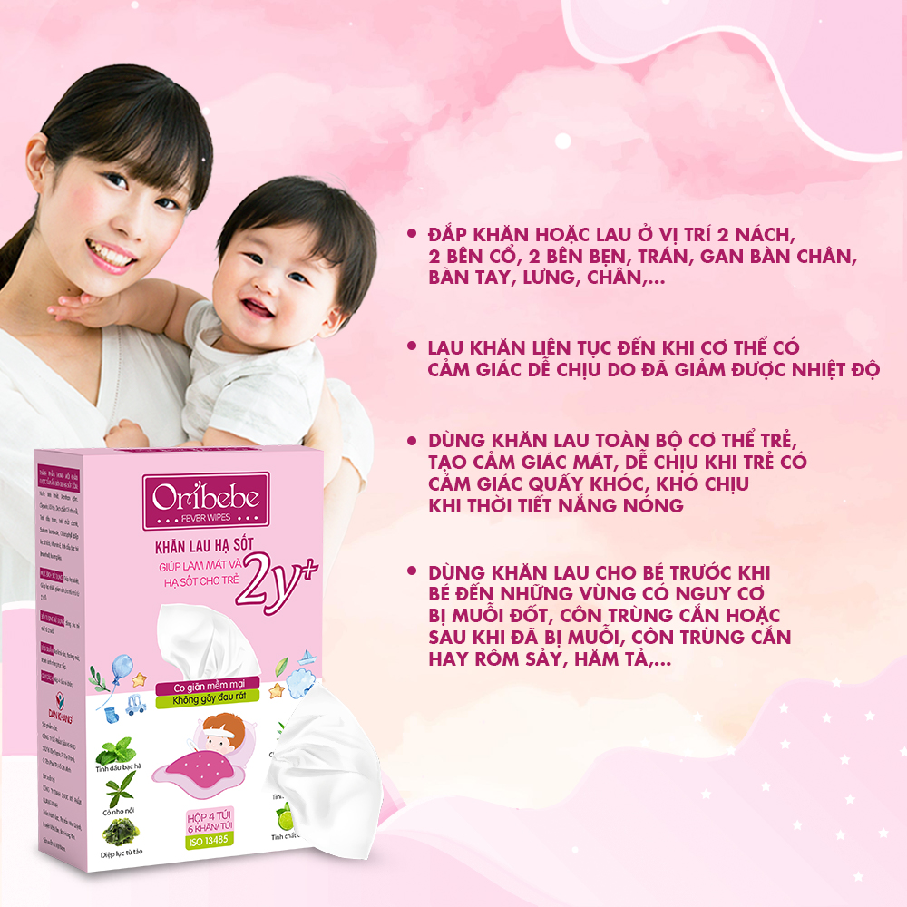 Khăn Lau Hạ Sốt 2Y+ Oribebe Cho Bé Giúp Hạ Nhiệt Giảm Sốt Hộp 4 Túi x 6 Khăn