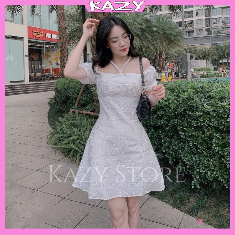 Váy trắng tiểu thư tay bồng, Váy trắng dự tiệc hoa văn xốp KAZY STORE V15