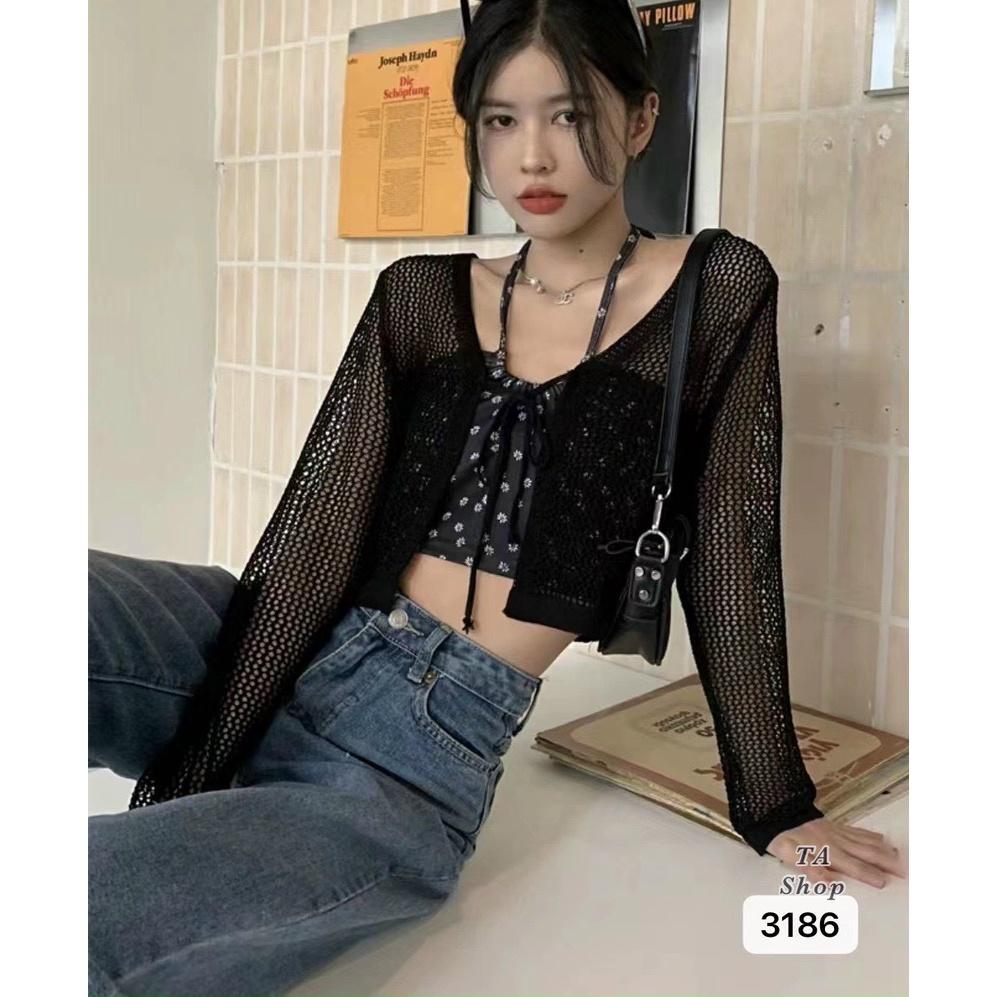 Set áo choàng cardigan lưới + áo yếm hoa nhí ulzzang