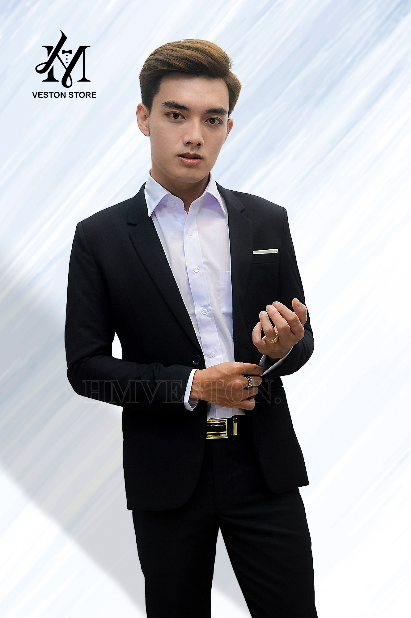 Bộ vest nam 1 nút ôm body màu đen vải mỏng nhẹ