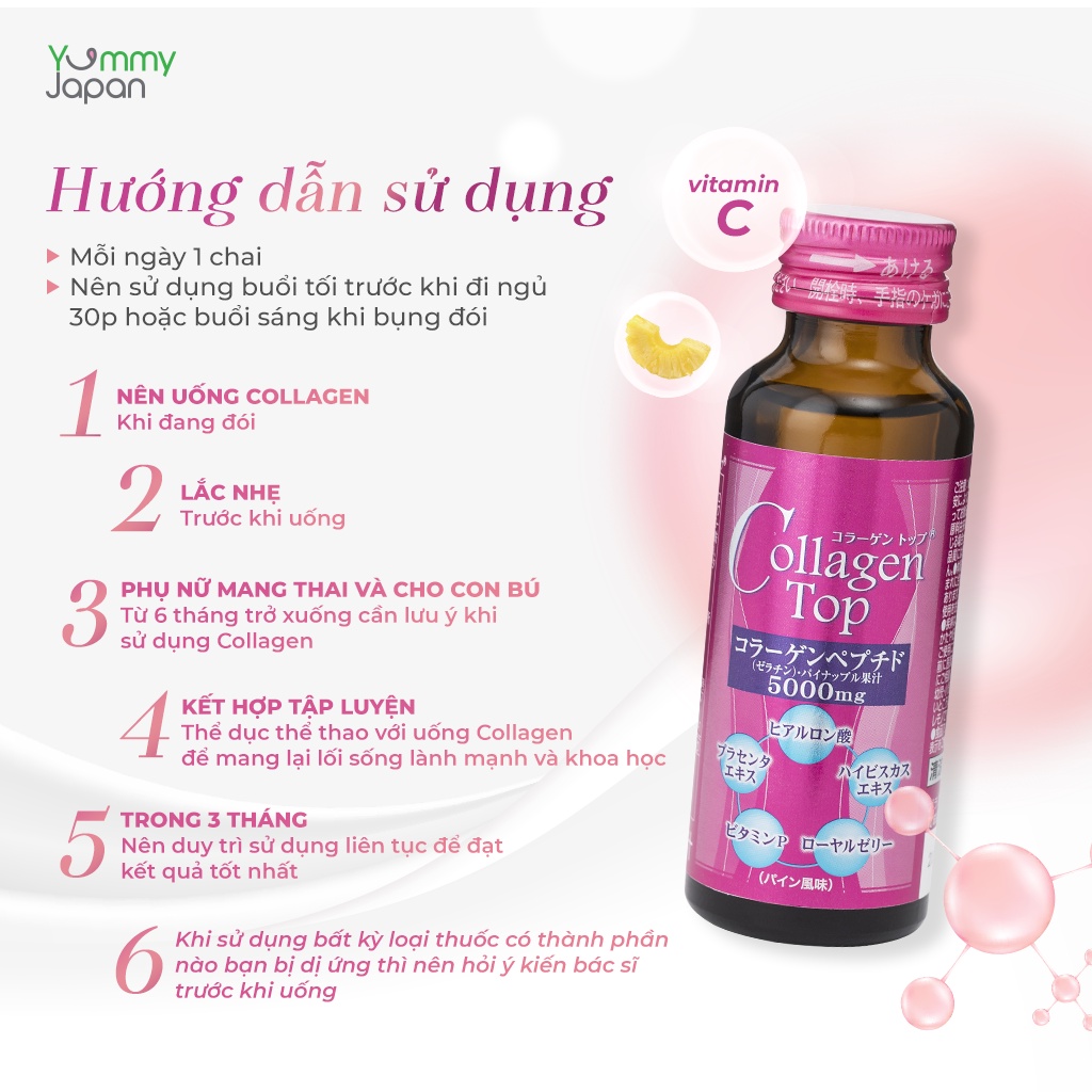 Collagen Top, Hyaluron Top, Placenta Top Nước uống bảo vệ sắc đẹp & sức khỏe (10 chai x 50ml) Nhật Bản