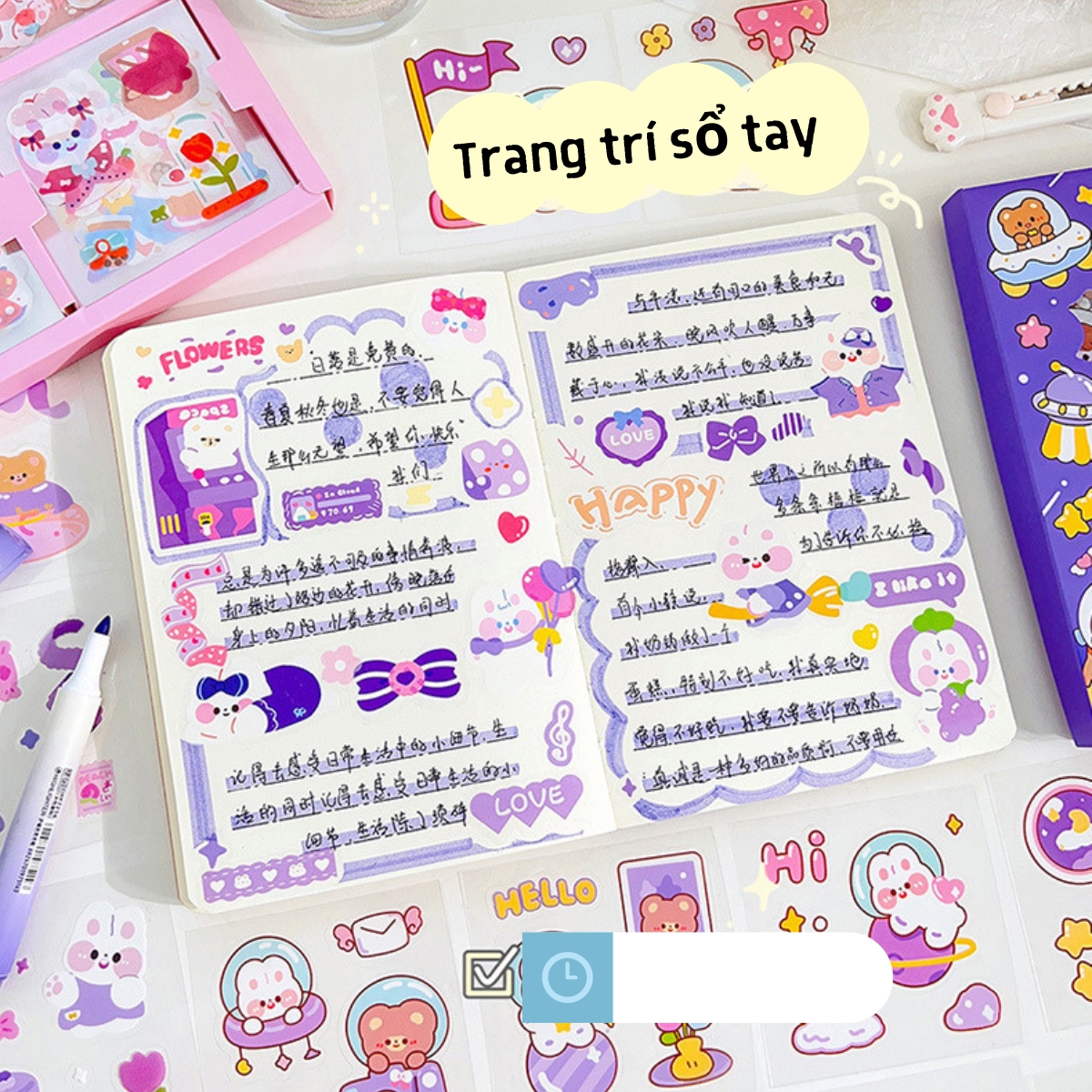 Hộp 100 Tấm Sticker Cute Cắt Sẵn Decor Sổ Vở, Miếng Dán Trang Trí Tập, Vở, Bình Nước Họa Tiết Dễ Thương