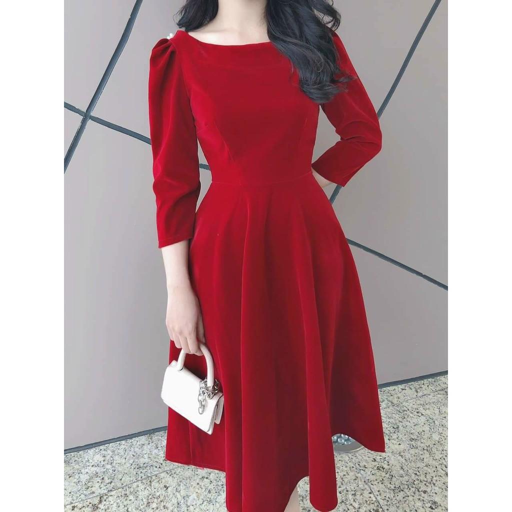 Váy nhung xòe, váy đầm thiết kế sang chảnh cổ thuyền khuy trai tay dài