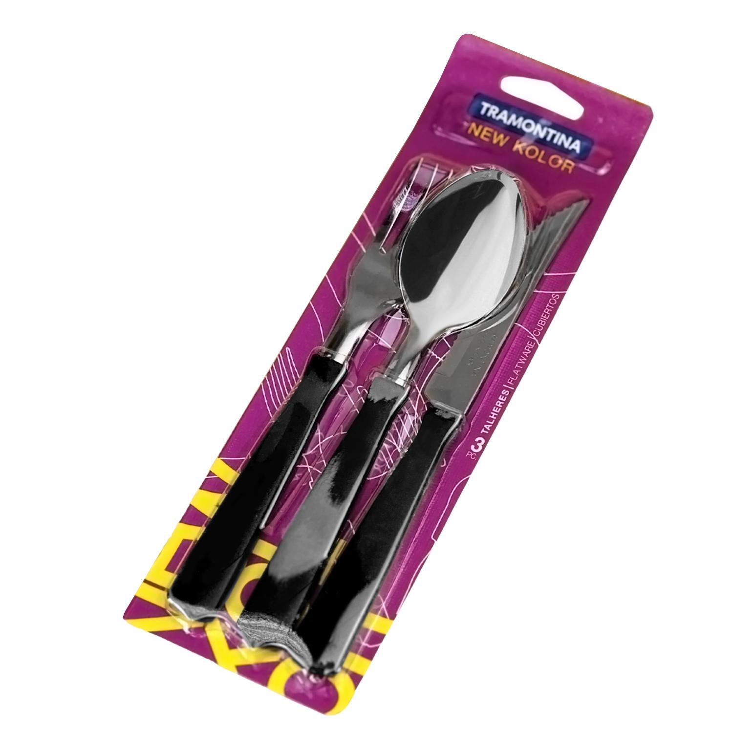 Bộ Dao Muỗng Nĩa Tramontina 3 Món Lưỡi Thép Không Gỉ Cán Nhựa Màu Đen SX Tại Brazil TRA23199.069