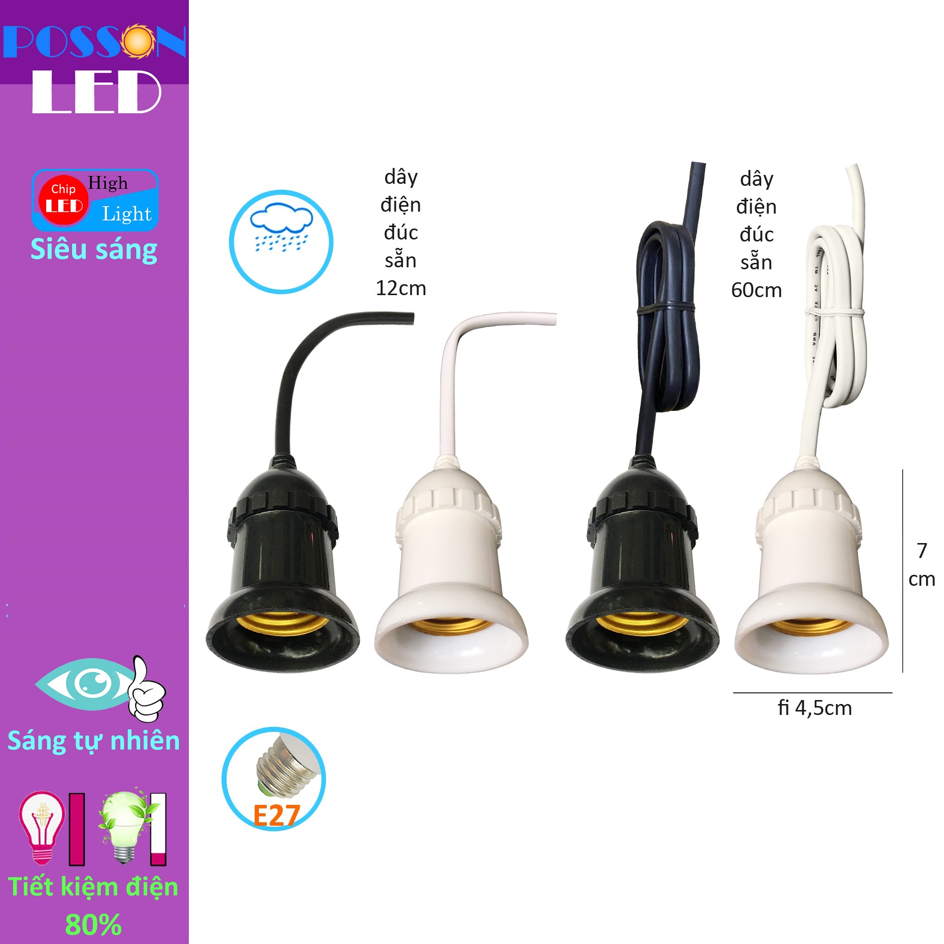 10 Đui chuôi đèn chống nước mưa E27 đuôi xoáy 27mm treo trang trí ngoài trời LH-ODx