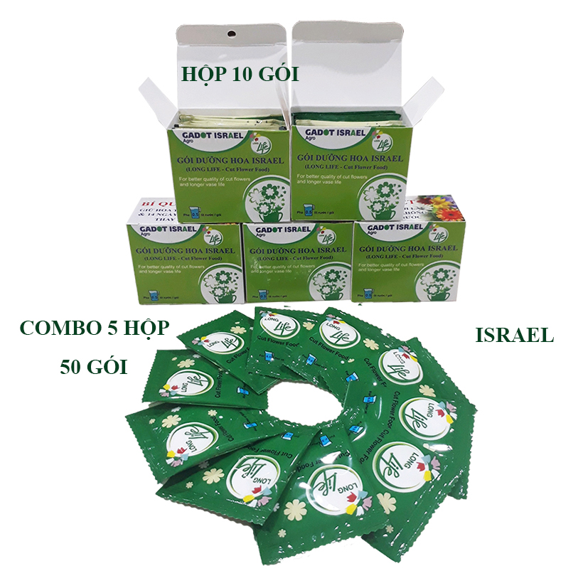 Bột Cắm Hoa ISRAEL (Combo 50 gói dưỡng hoa), Hiệu Longlife giữ hoa tươi lâu gấp 2 lần và 14 ngày không thay nước mới