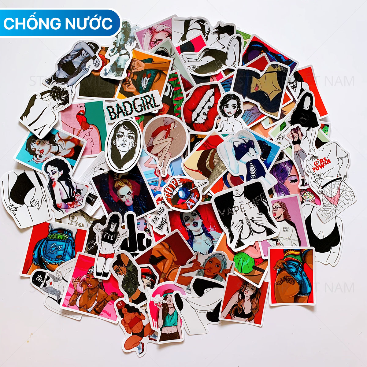 Sticker Bad Girl - Cô Gái Ngầu - Chất Liệu PVC Chất Lượng Cao Chống Nước - Kích Thước 4-8cm