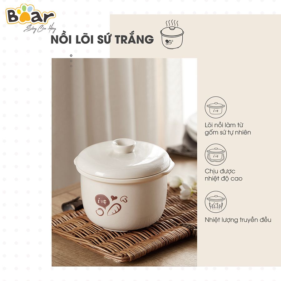 Nồi Nấu Cháo Chậm, Chưng Yến, Ninh Hầm Đa Năng Bear 0,8L SUBE001 - Hàng Chính Hãng, Bản Quốc Tế Bảo Hành 18 Tháng