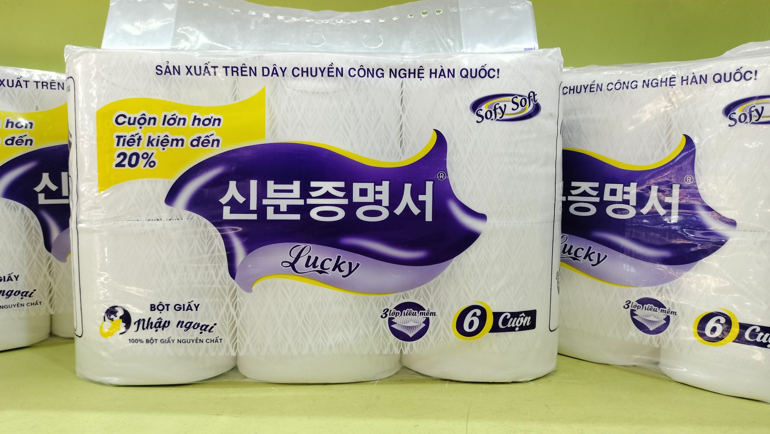 TÚI 6 CUỘN GIẤY LUCKY HÀN QUỐC SIÊU MỊN - KHÔNG LÕI.