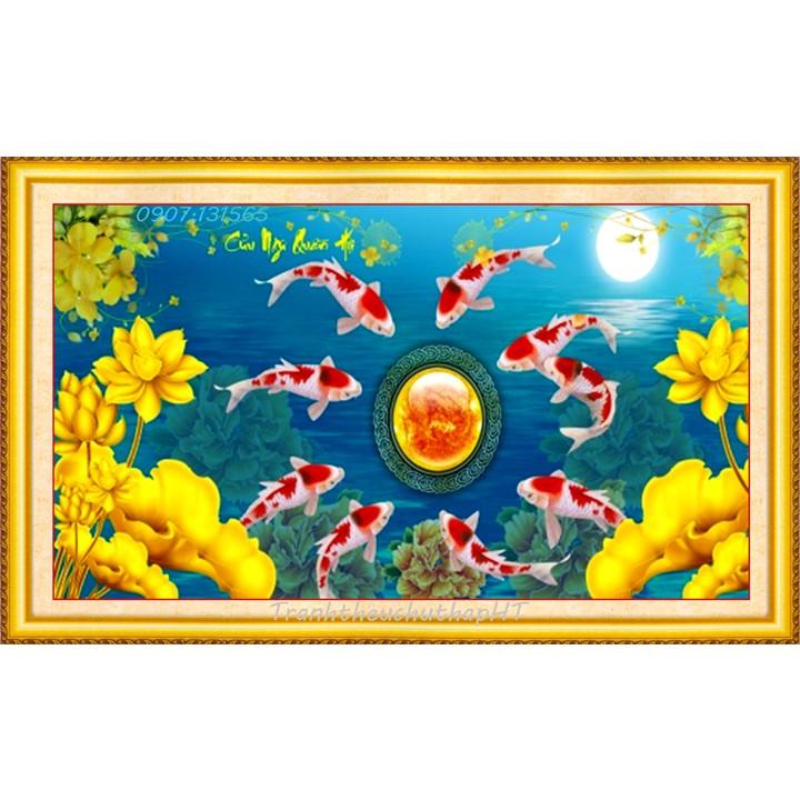Tranh đính đá Cửu ngư quần hội LV452 - tự đính