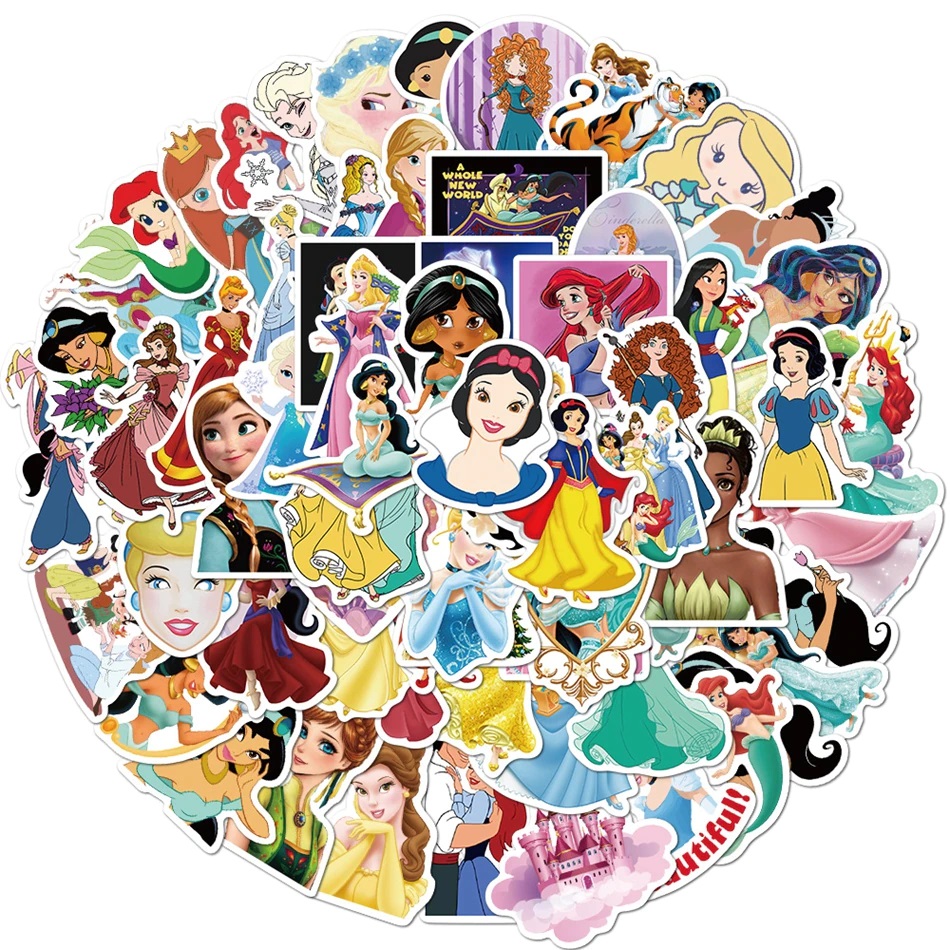 Bộ sticker chông chúa Disney Princess trang trí mũ bảo hiểm, laptop, ván trượt, sổ tay, note book, laptop