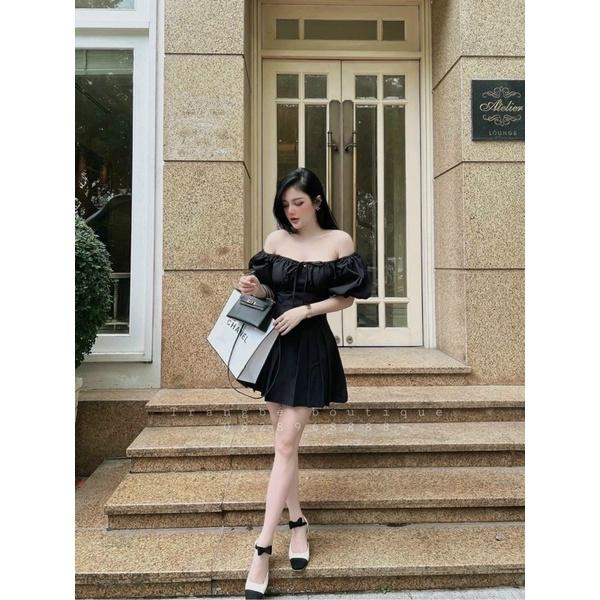 Đầm dự tiệc cúp ngực tay phồng chân váy xếp ly có mút ngực xinh lung linh