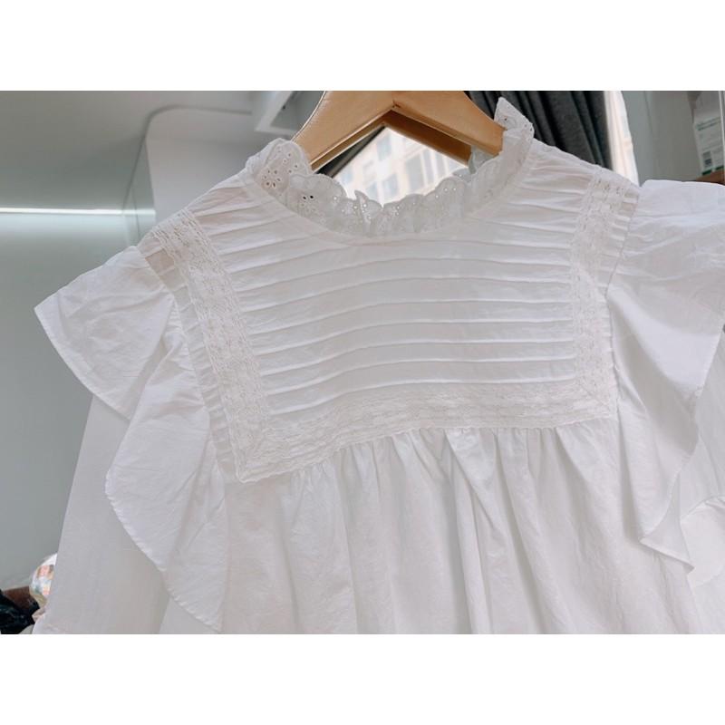 Áo babydoll tiểu thư ulzzang - Áo sơ mi kiểu bèo vai cánh tiên tay phối bèo xinh xắn