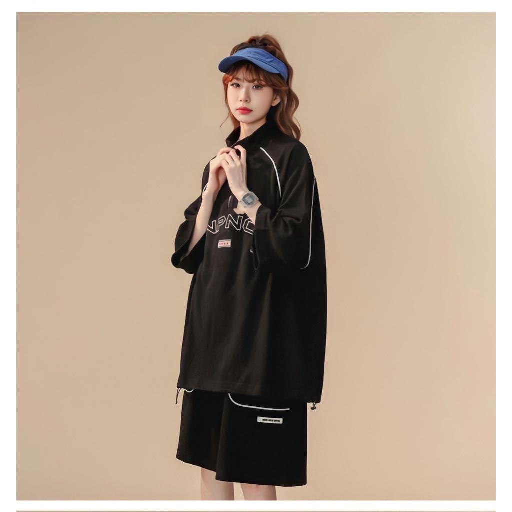 Bộ Áo Thun Cổ Khóa NBNO Quần Short Ống Rộng Phối Viền