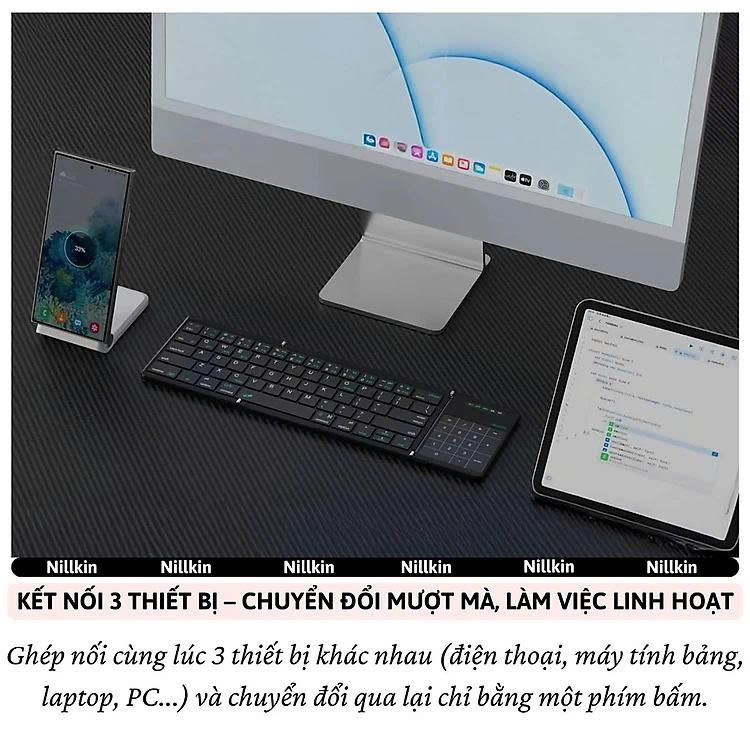 Bàn phím gấp gọn di động không dây bluetooth V5.2 tích hợp trackpad &amp; phím số hiệu Nillkin Cube Pocket - Nhỏ gọn, mỏng nhẹ, phím tắt thông minh, hỗ trợ Androids &amp; iOS, gõ thoải mái cho iPad cho iPhone, máy tính bảng, cho macbook, laptop - hàng nhập khẩu