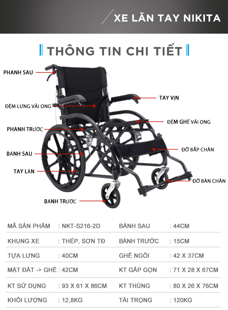 Xe lăn gấp gọn xách tay, siêu nhỏ gọn, siêu nhẹ - Tay ghế có thể nâng lên tiện cho việc ra vào - Hàng chính hàng NIKITA