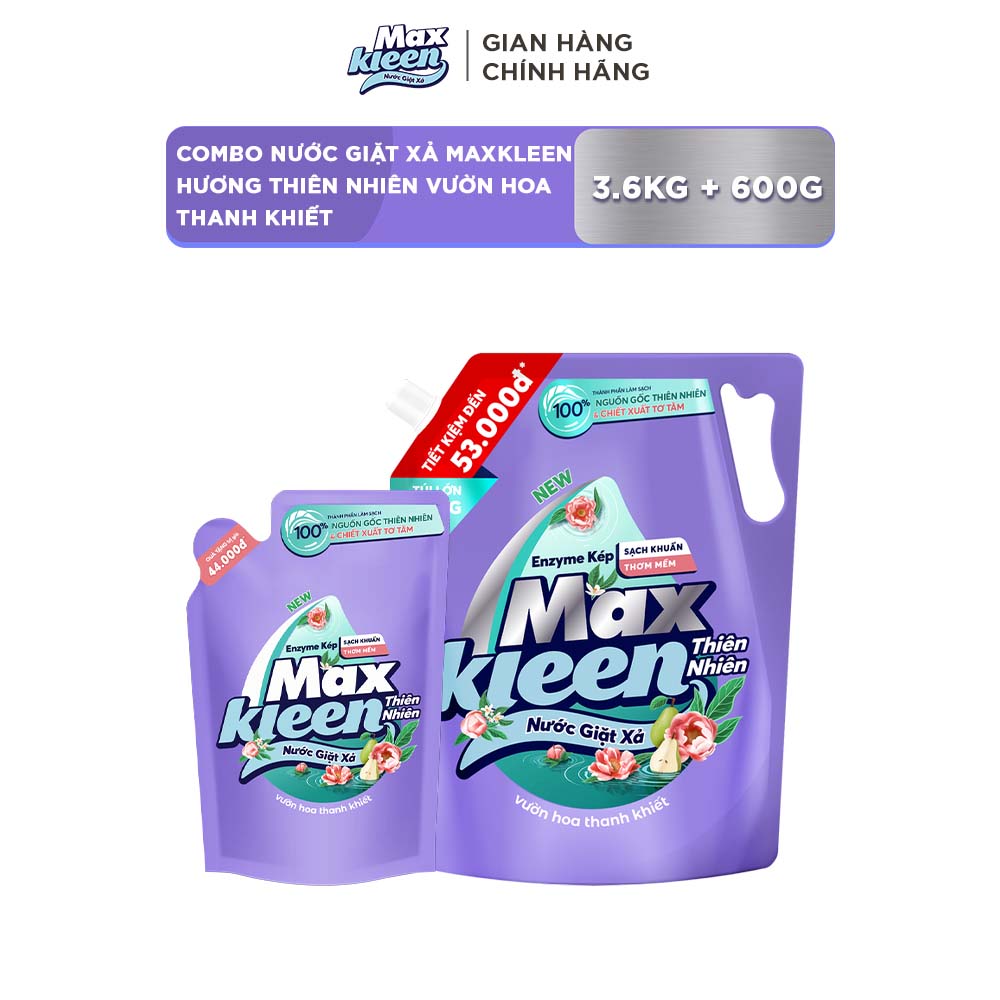 Combo Nước giặt xả MaxKleen Hương Thiên Nhiên Vườn Hoa Thanh Khiết: 1 Túi 3.6kg + 1 Túi 600g