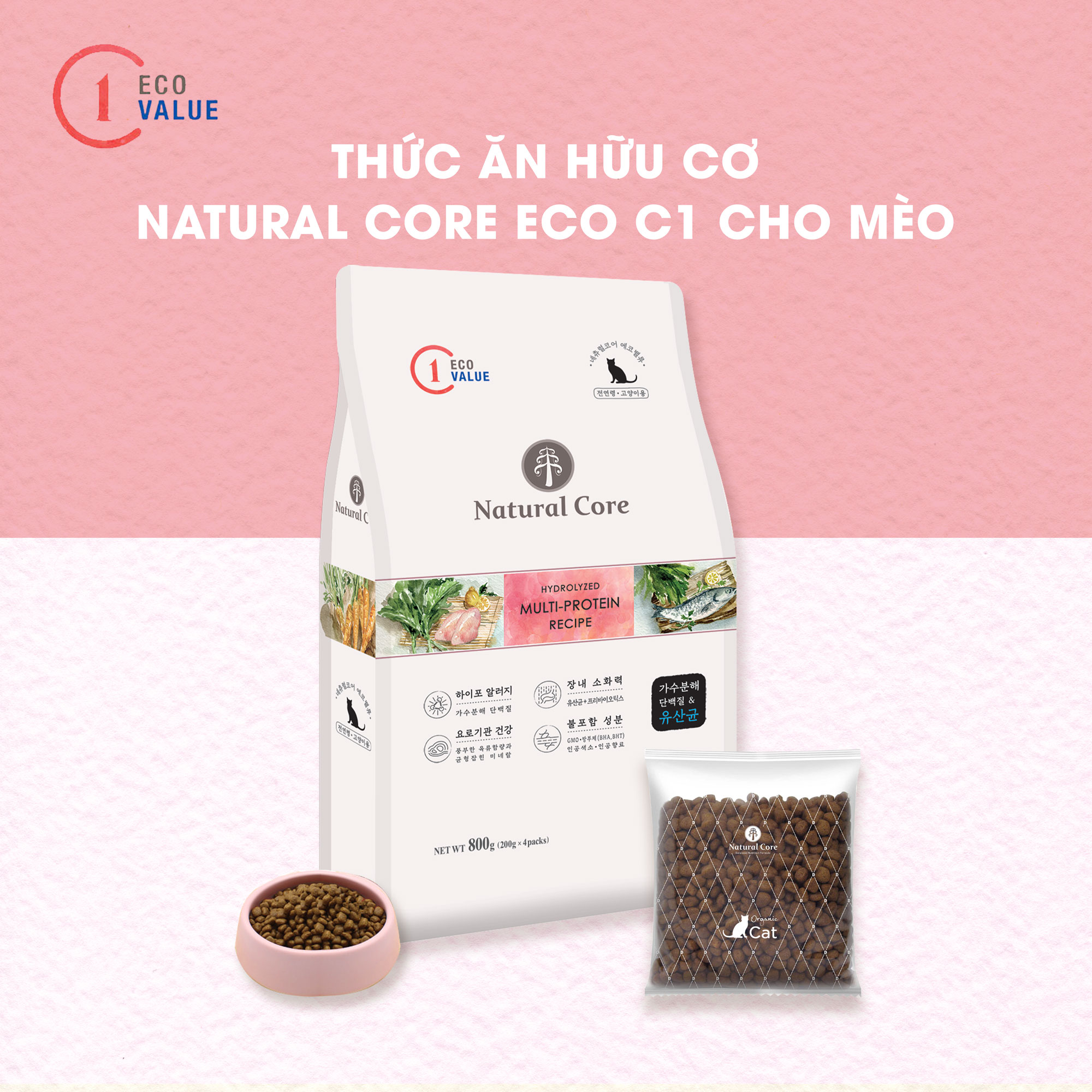 Thức ăn hạt hữu cơ đa đạm cho mèo Natural Core C1 | Protein chất lượng cao | Tăng cường hấp thụ và tiêu hoá