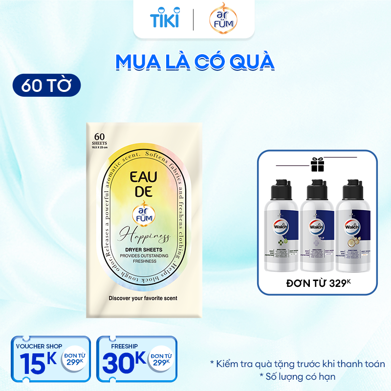 Giấy Thơm Arfum Dùng Cho Máy Sấy Làm Mềm Vải Và Chống Tĩnh Điện , Khử Mùi Tủ Giày, Tủ Quần Áo (60 Tờ/ Hộp)