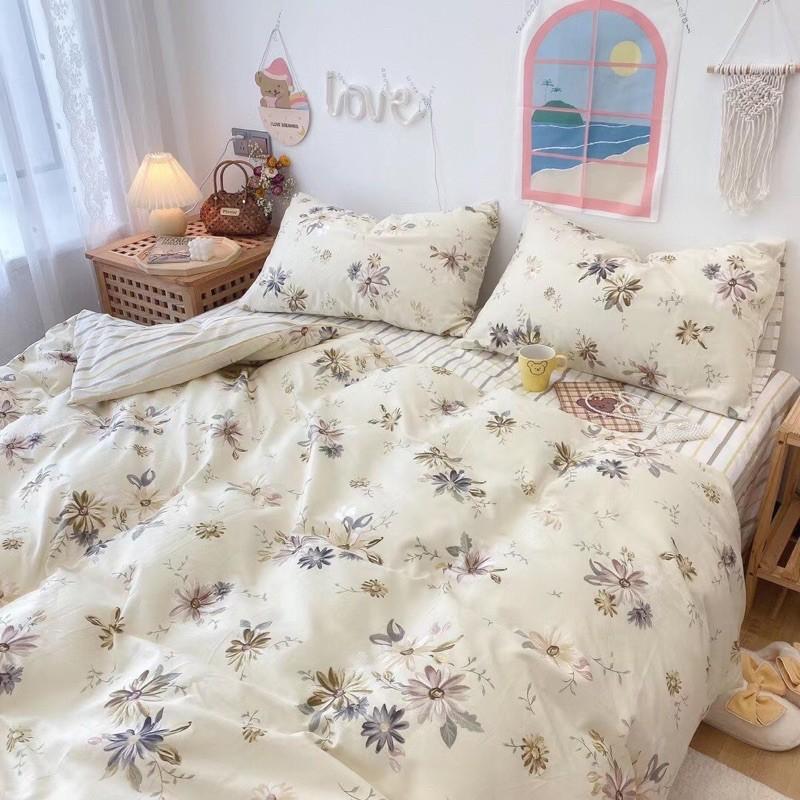 Set Ga Gối Cotton Living 100%cotton Hàng Nhập Khẩu Cao Cấp 4 Món Hoa Trắng Vintage