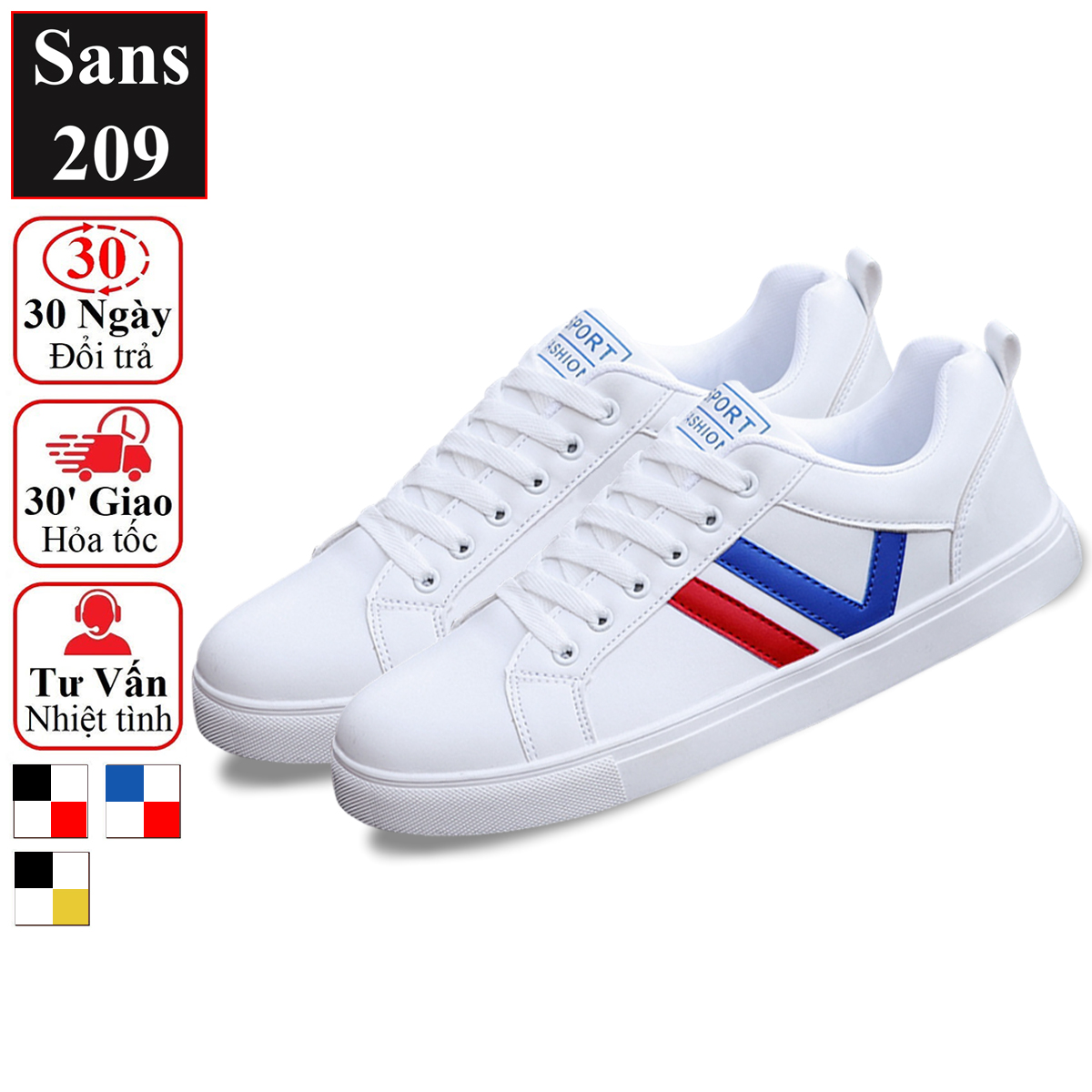 Giày thể thao nam sneaker Sans209 giầy sport trắng cổ thấp đế bệt sọc đen đỏ vàng bền đẹp thời trang hàn quốc trẻ trung