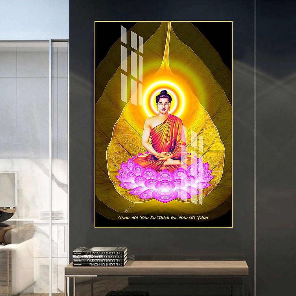 Tranh treo tường tráng gương phật trong lá bồ đề có khung tặng kèm đinh treo