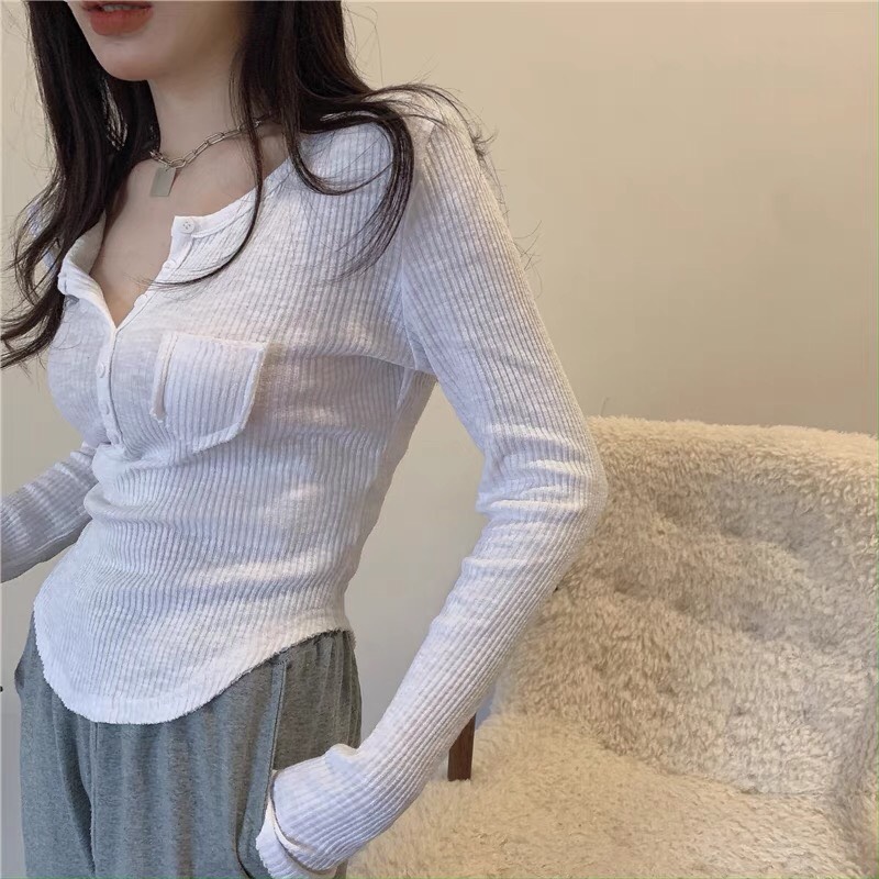 Áo len tăm cúc túi ngực nhẹ nhàng tôn dáng thời trang