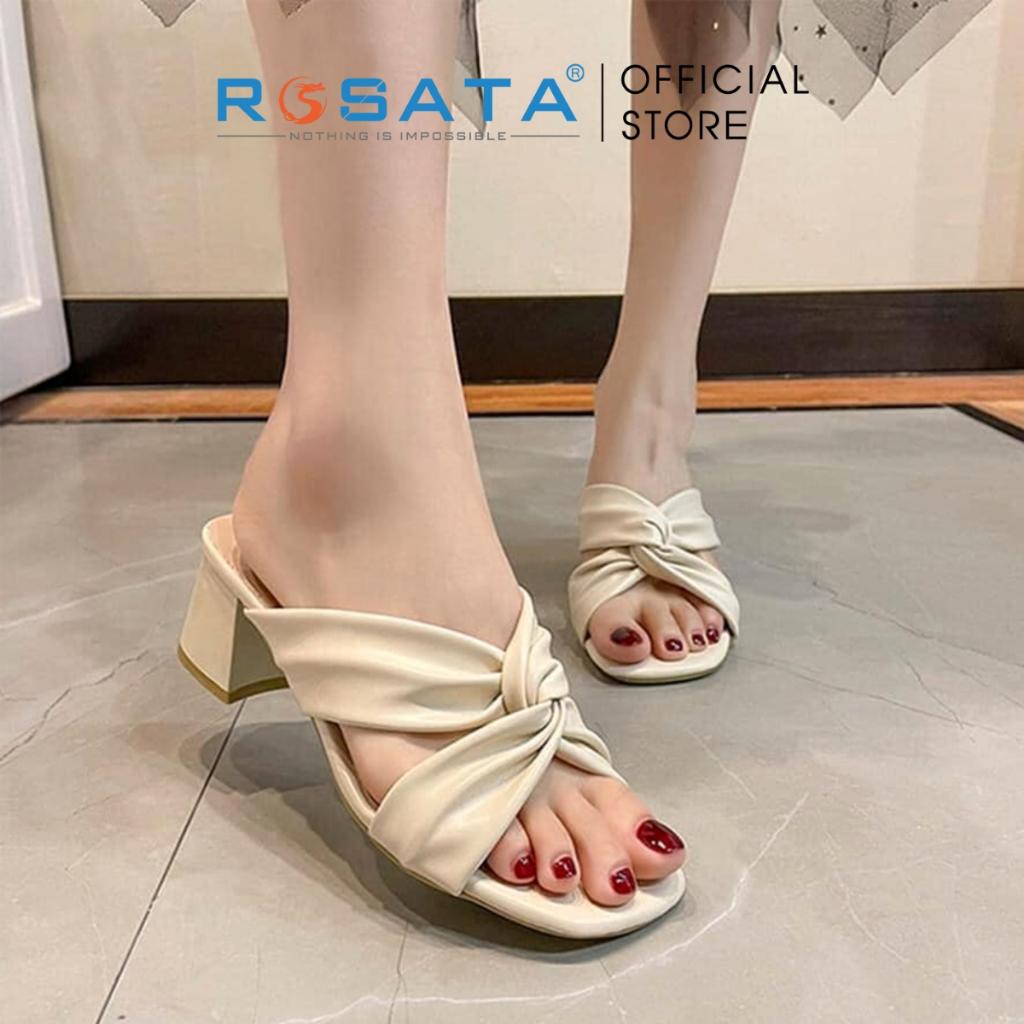 Giày sandal cao gót nữ ROSATA RO337 xỏ chân mũi tròn phối dây gót vuông cao 5cm xuất xứ Việt Nam - Kem