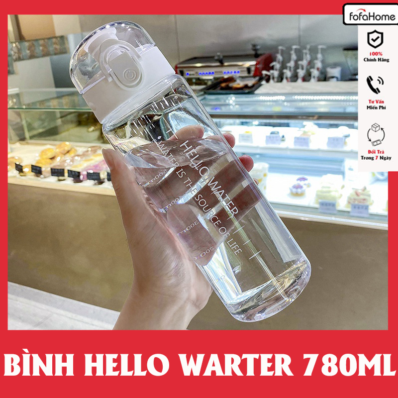 Bình Đựng Nước Nhựa Trong Thể Thao HELLO WATER Cute Dễ Thương 780ml Có Vạch Chia Và Quai Xách