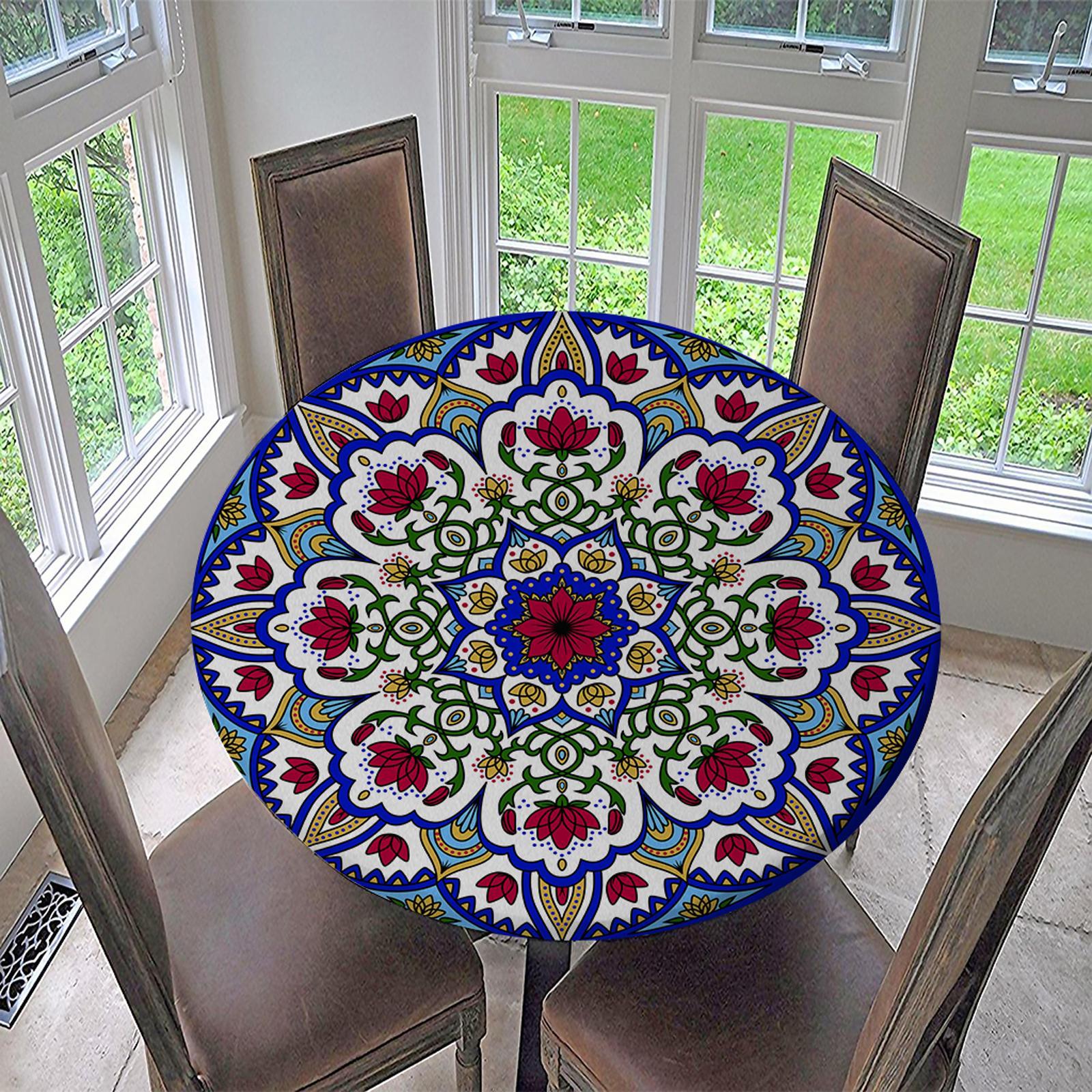 Round Fitted Tablecloth Table Cover Elastic Polyester Waterproof Non Slip