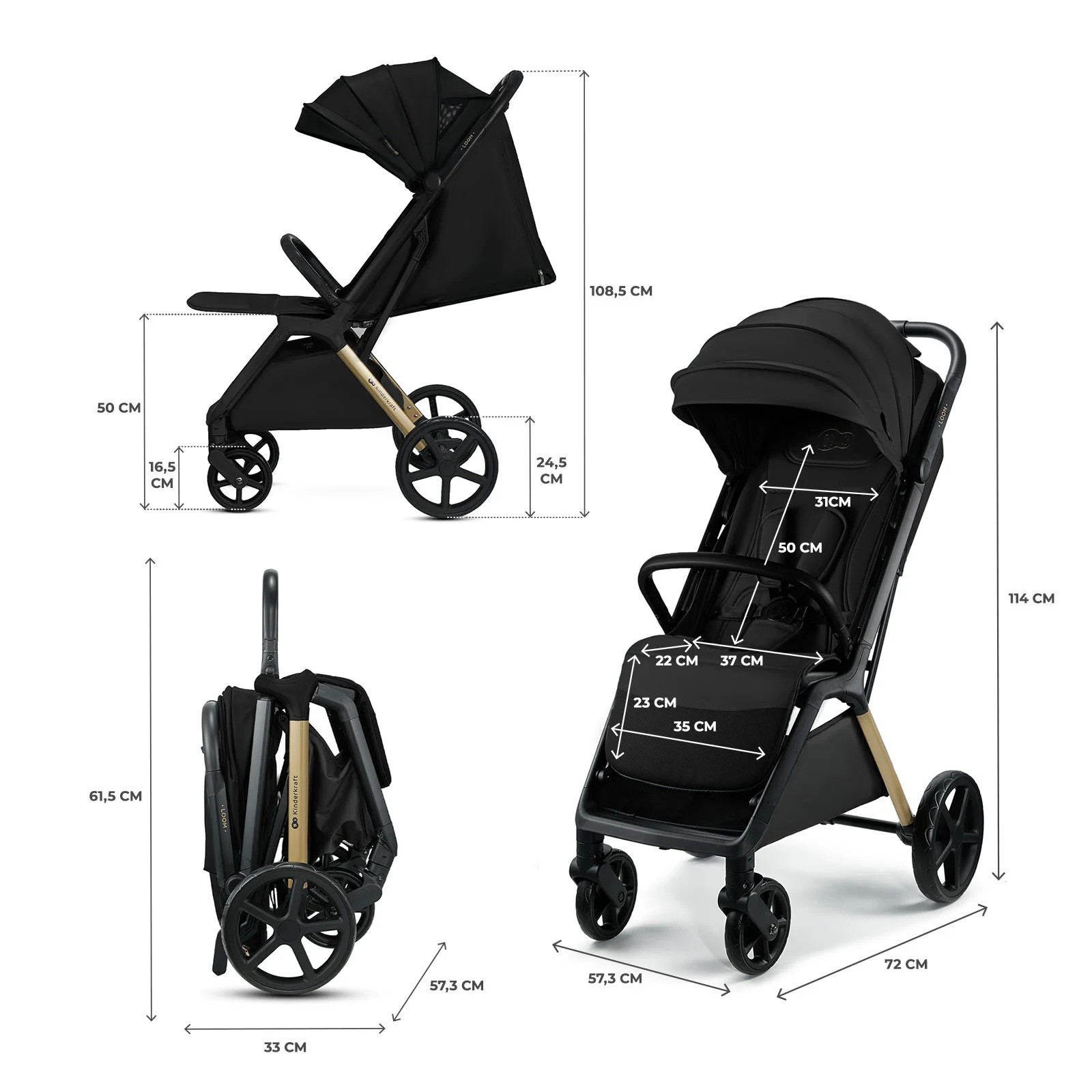 Xe đẩy gấp gọn cho bé từ sơ sinh Kinderkraft LOOM - Màu đen