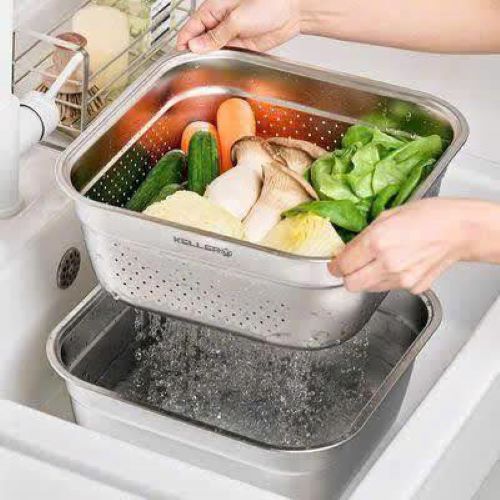SET RỔ CHẬU INOX KELLER@ 32CM SIÊU TIỆN LỢI (1 chậu + 1 rổ vuông) hàng chính hãng