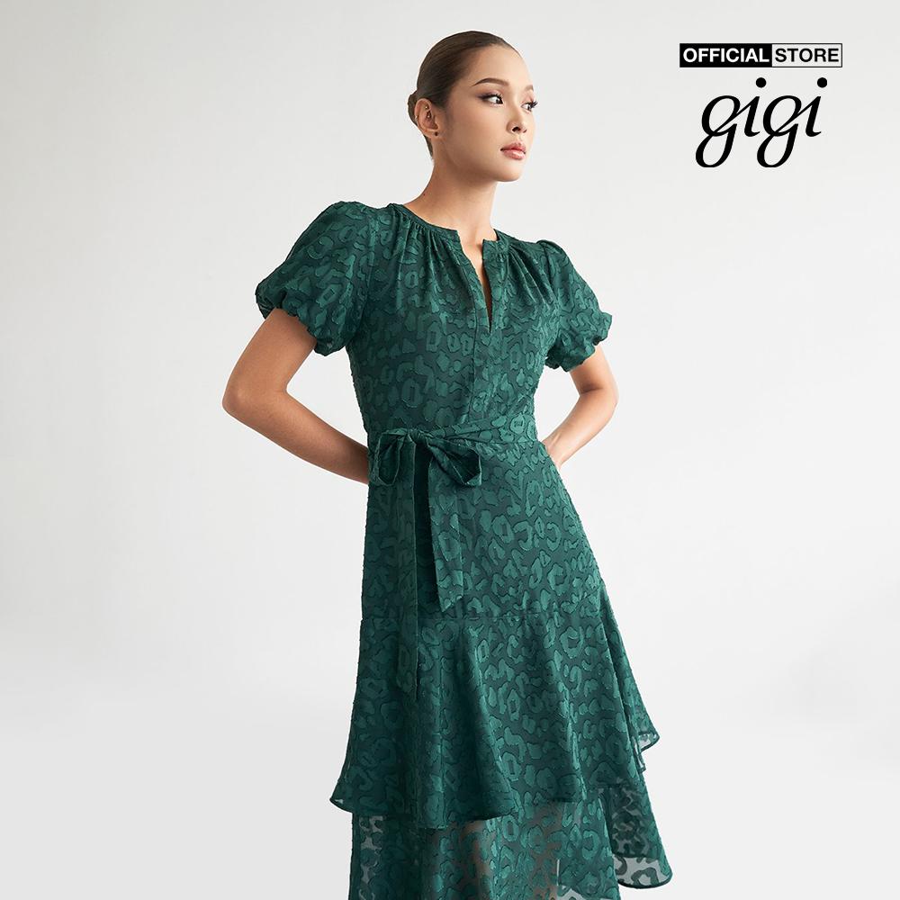 GIGI - Đầm midi tay phồng thiết kế xếp tầng phối họa tiết da báo G2102D223132