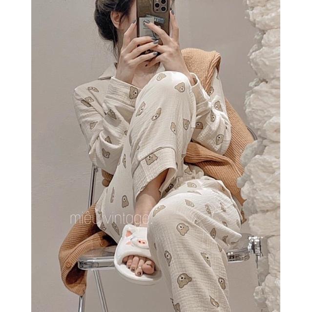 Bộ đồ ngủ nữ, bộ đồ pizama dài tay (bộ pijama dài tay) chất liệu xốp đũi Hàn mềm
