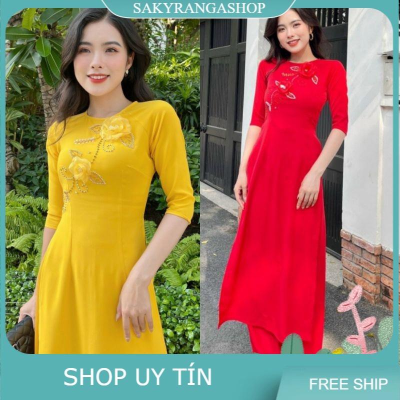 SÉT ÁO DÀI LỤA TRUYỀN THỐNG TAY PHỒNG KẾT HOA XINH XẮN
