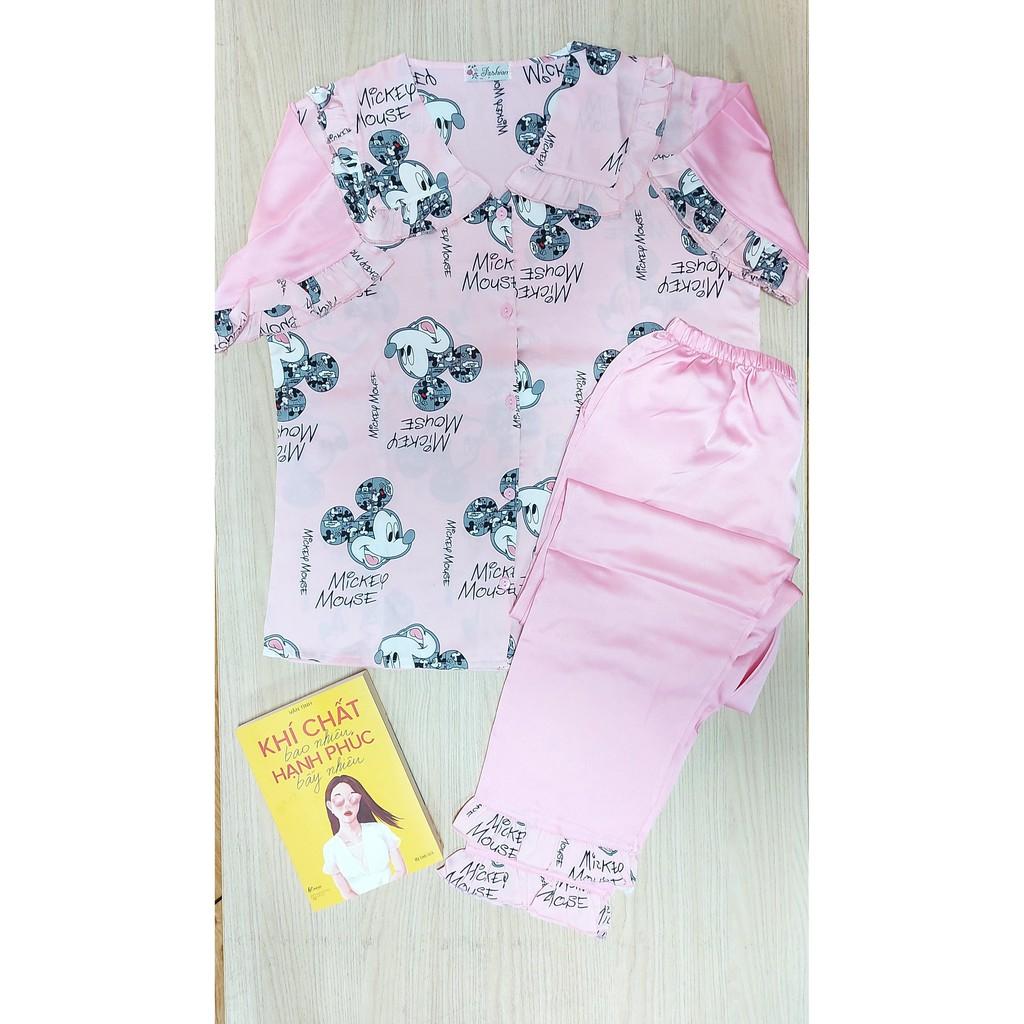 Đồ bộ mặc nhà pijama lụa satin phối latin cao cấp hình mickey
