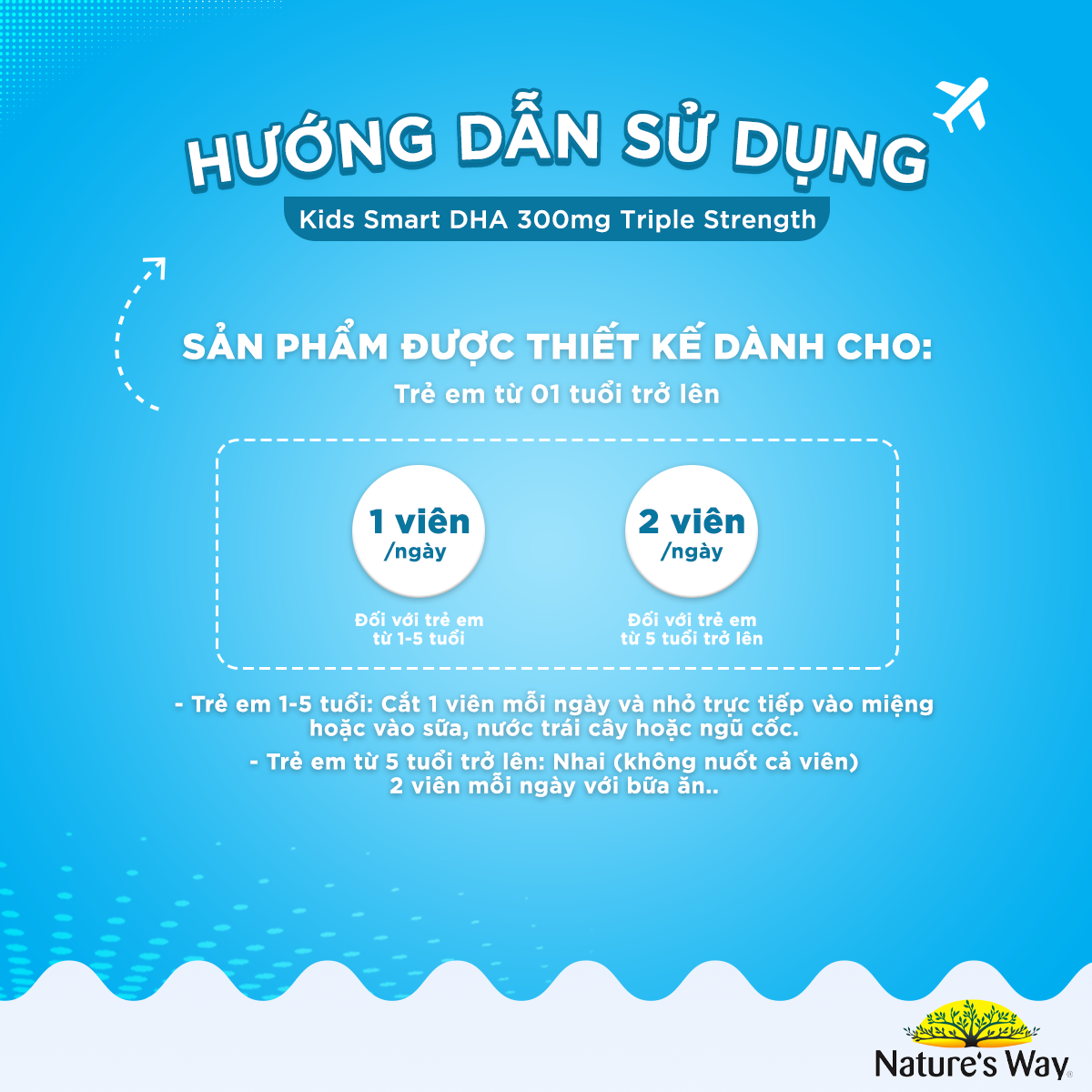 Combo Phát Triển Trí Não, Tăng Chiều Cao NATURE'S WAY Gồm Kids Smart DHA 300mg + Calcium, Vitamin D3 Cho Bé Từ 1 Tuổi