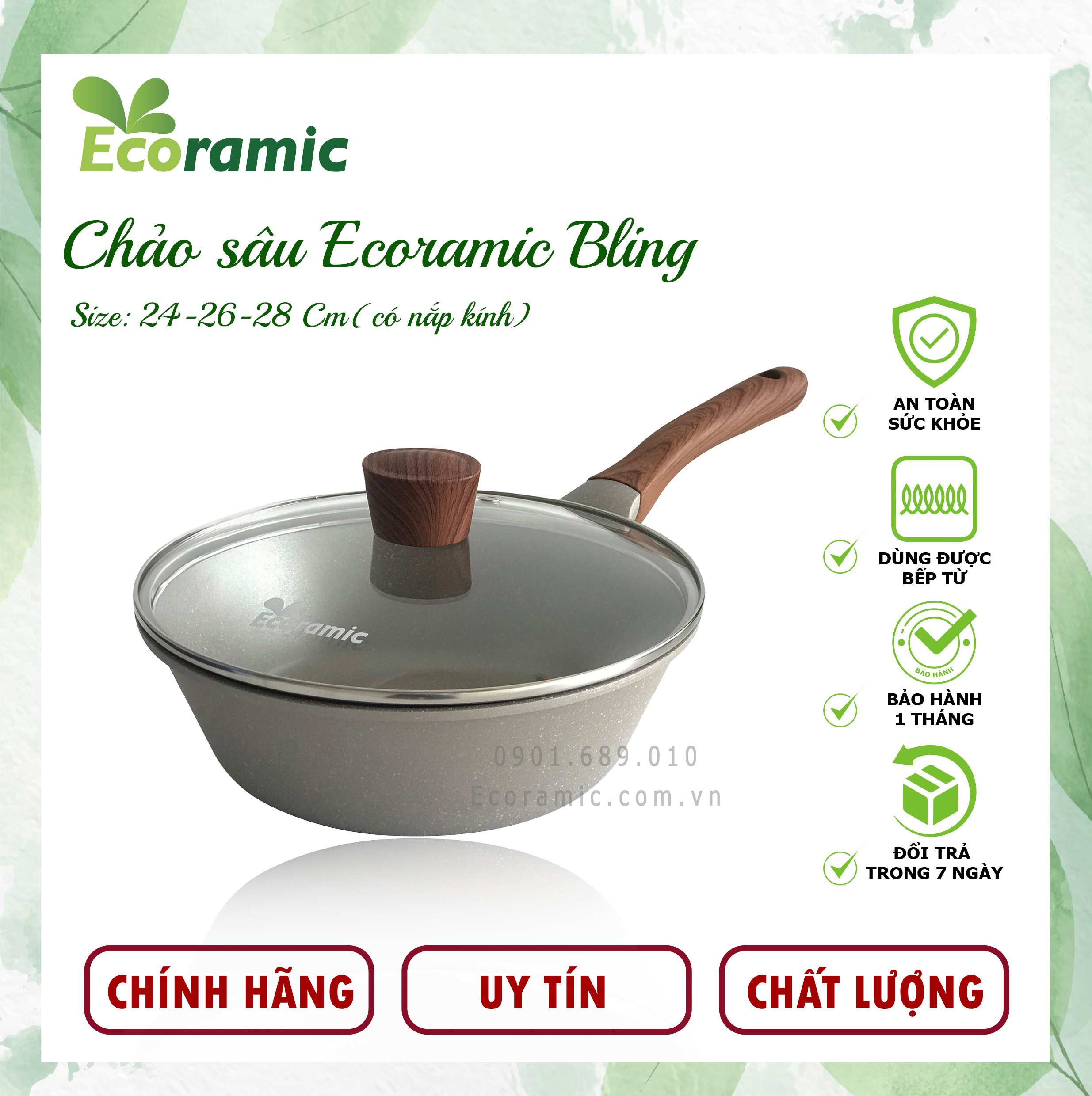 Chảo Sâu Chống Dính Ecoramic Bling Size 24 Chính Hãng Cao Cấp, Siêu Bền, Dùng cho mọi loại bếp, Bảo hành chính hãng 2 tháng