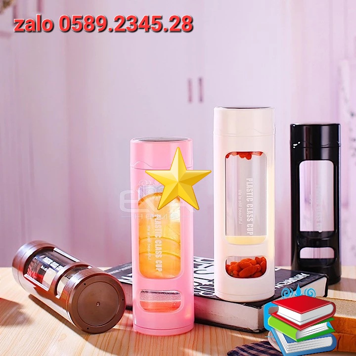 Bình Nước 2 Lớp Class Cup Lõi Thủy Tinh Nhựa PP Bên Ngoài Chống Rơi Vỡ Có Ngăn Lọc Trà Dung tích 400ml
