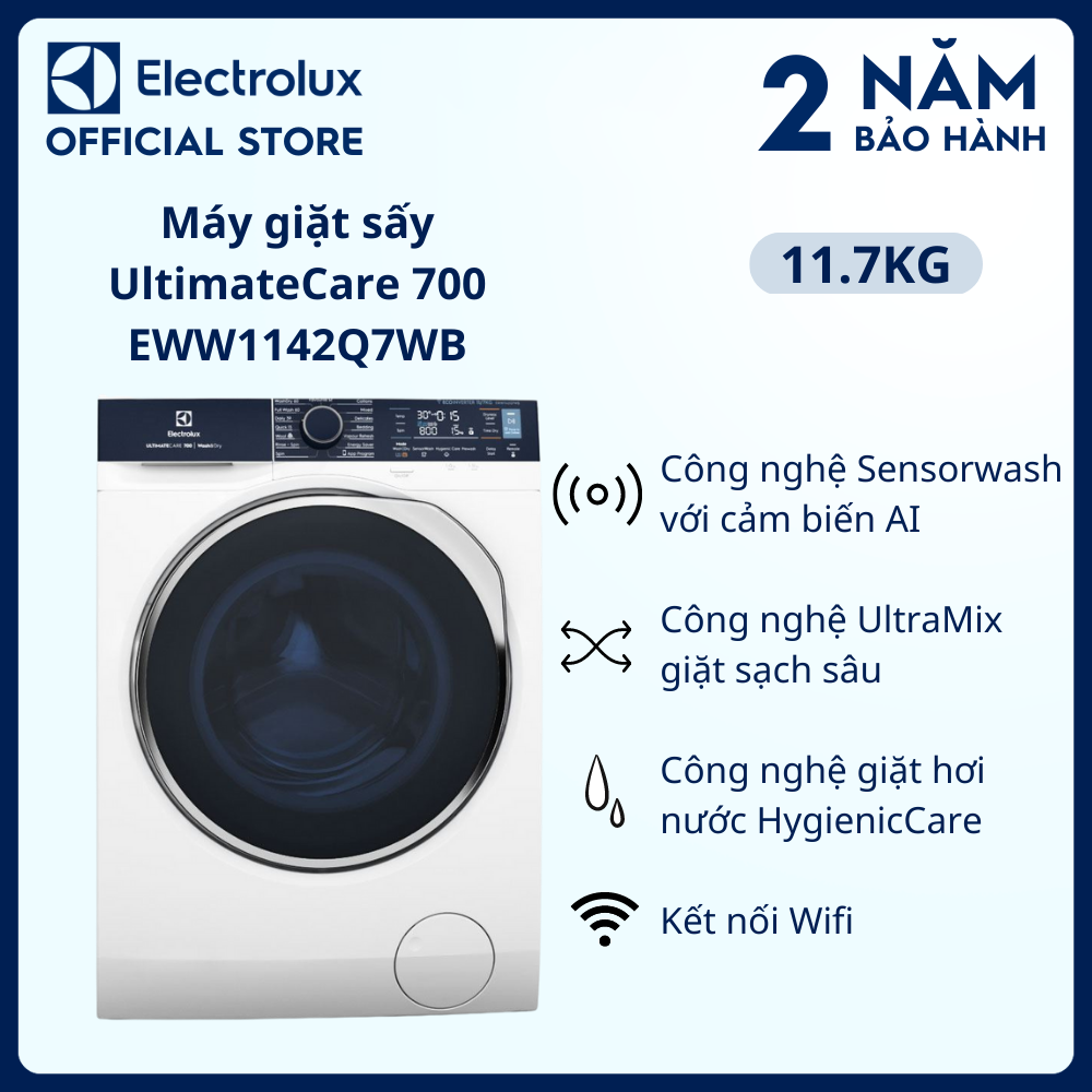 [Free Giao lắp] Máy giặt sấy Electrolux 11/7kg EWW1142Q7WB - Loại bỏ 49 loại vết bẩn, giặt hơi nước diệt vi khuẩn, giảm nhăn, làm mới quần áo, kết nối Wifi [Hàng chính hãng]