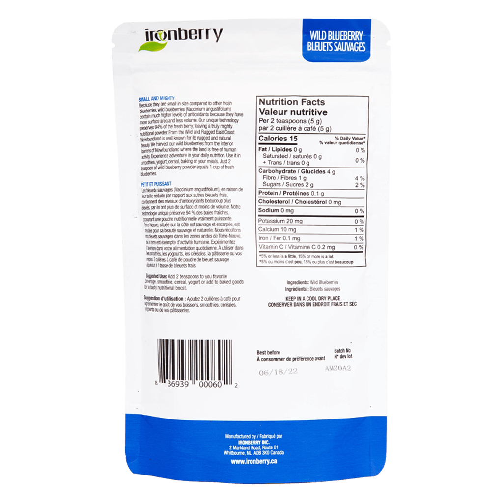 Bột việt quất nguyên chất nhập khẩu Canada không đường, bổ sung khoáng chất vitamin IRONBERRY- Wild blueberry powder