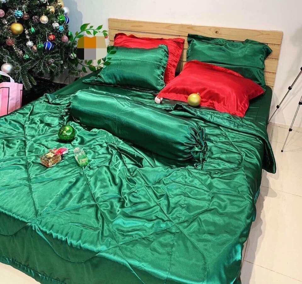 BỘ 5 MÓN CHĂN GA GỐI PHI LỤA XANH KÉT