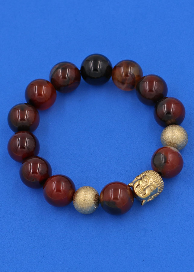 Chuỗi hạt đeo tay Thạch Anh Nâu 14 ly - Vòng tay Phật A Di Đà inox vàng VTANNLVHB14 - Vòng đeo tay size lớn