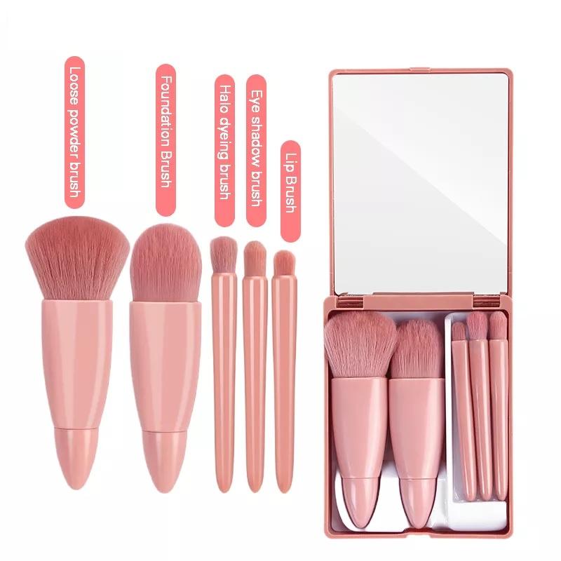 Bộ cọ trang điểm makeup cá nhân combo bộ 6 món kèm hộp gương màu hồng