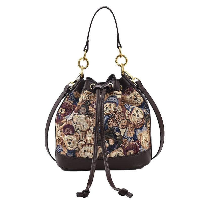 Wholesale fashion new bucket bag canvas bear pattern women's bag drawstring exquisite handbag women's bag shoulder cross-body bag