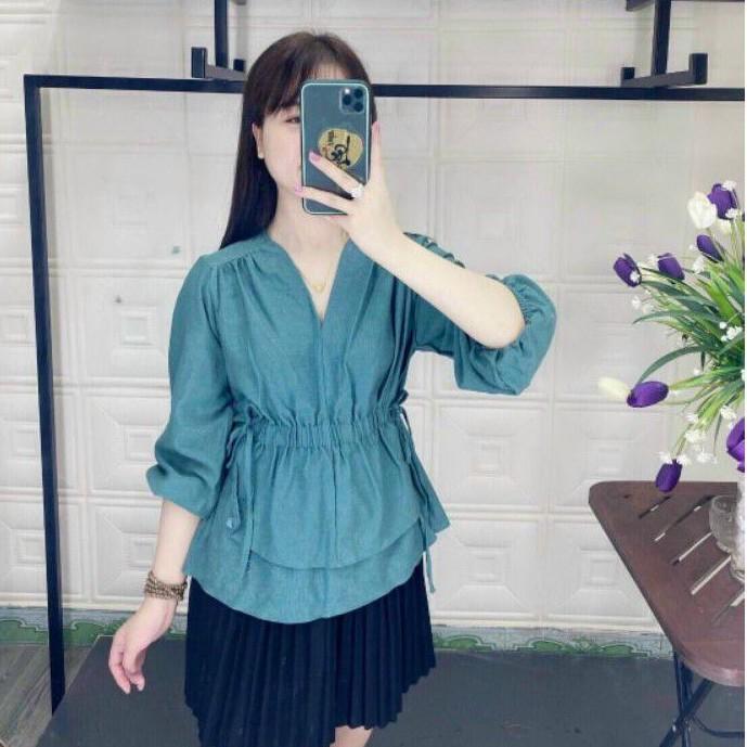 Áo Dài Tay Nữ, Cổ V, Bo Chun Eo, Chất Nhung Tăm